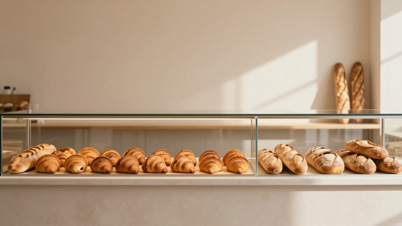 Витрина с выпечкой в тёплых бежево-коричневых тонах