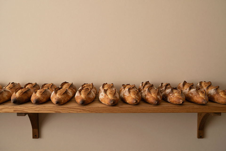 Свежие багеты на деревянной полке